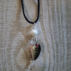 Stylish Silver Fishing Lure Pendant Necklace with Black Cord